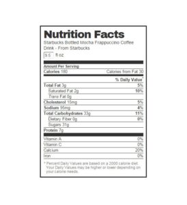 Starbucks Mocha Frappuccino Coffee Nutrition Info 9.5oz